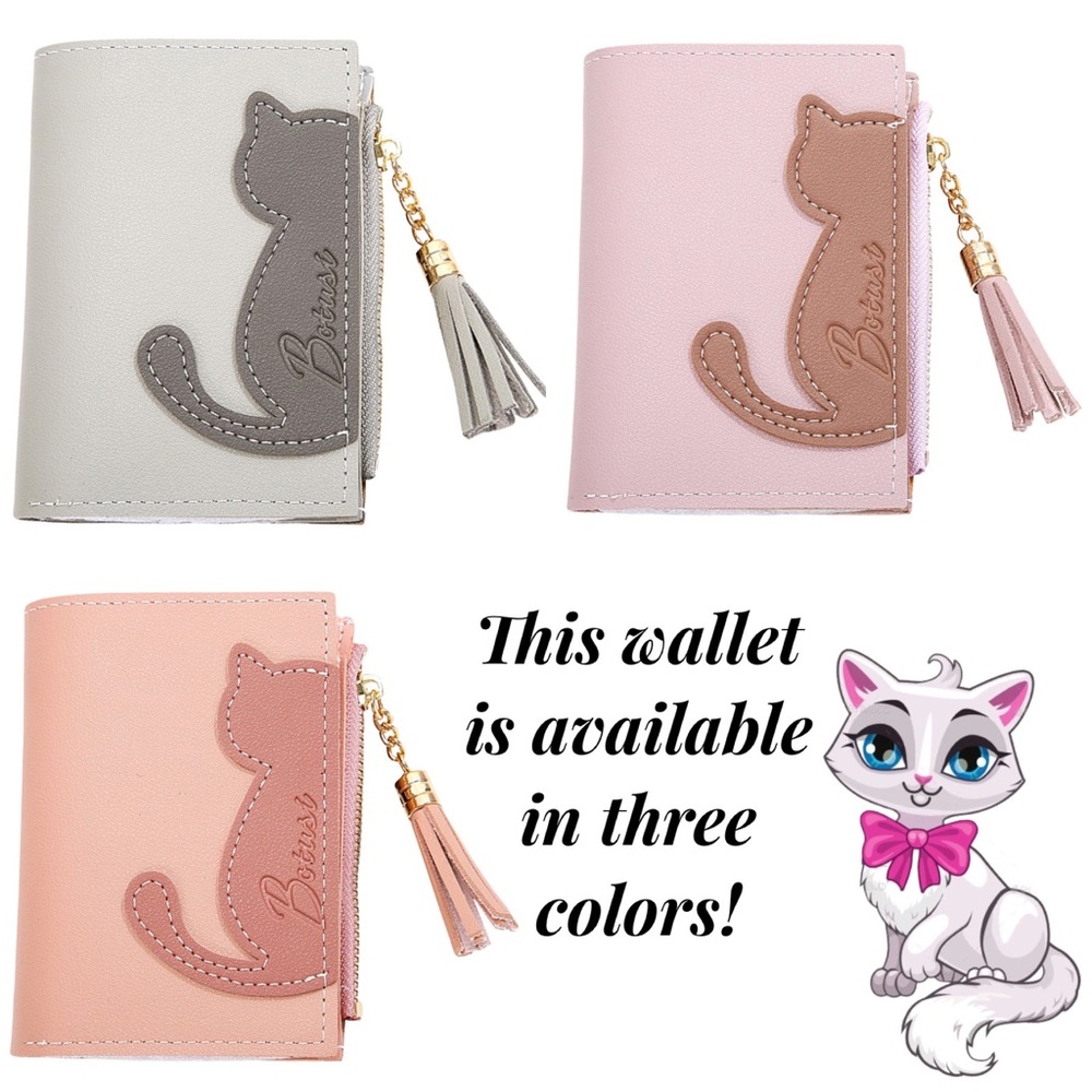 Vegan Leather Two Tone Gray Cat Wallet with Tassel - Picture 15 of 15